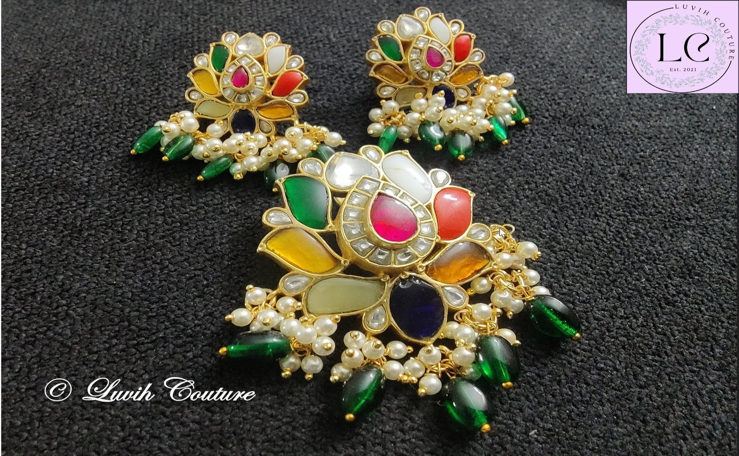 Jadau Kundan Navaratan Lotus pendant  set closeup, Luvih Couture