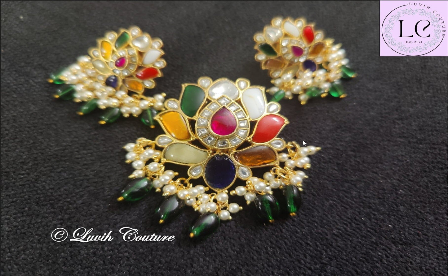 Jadau Kundan Navaratan Lotus Pendant set, Luvih Couture