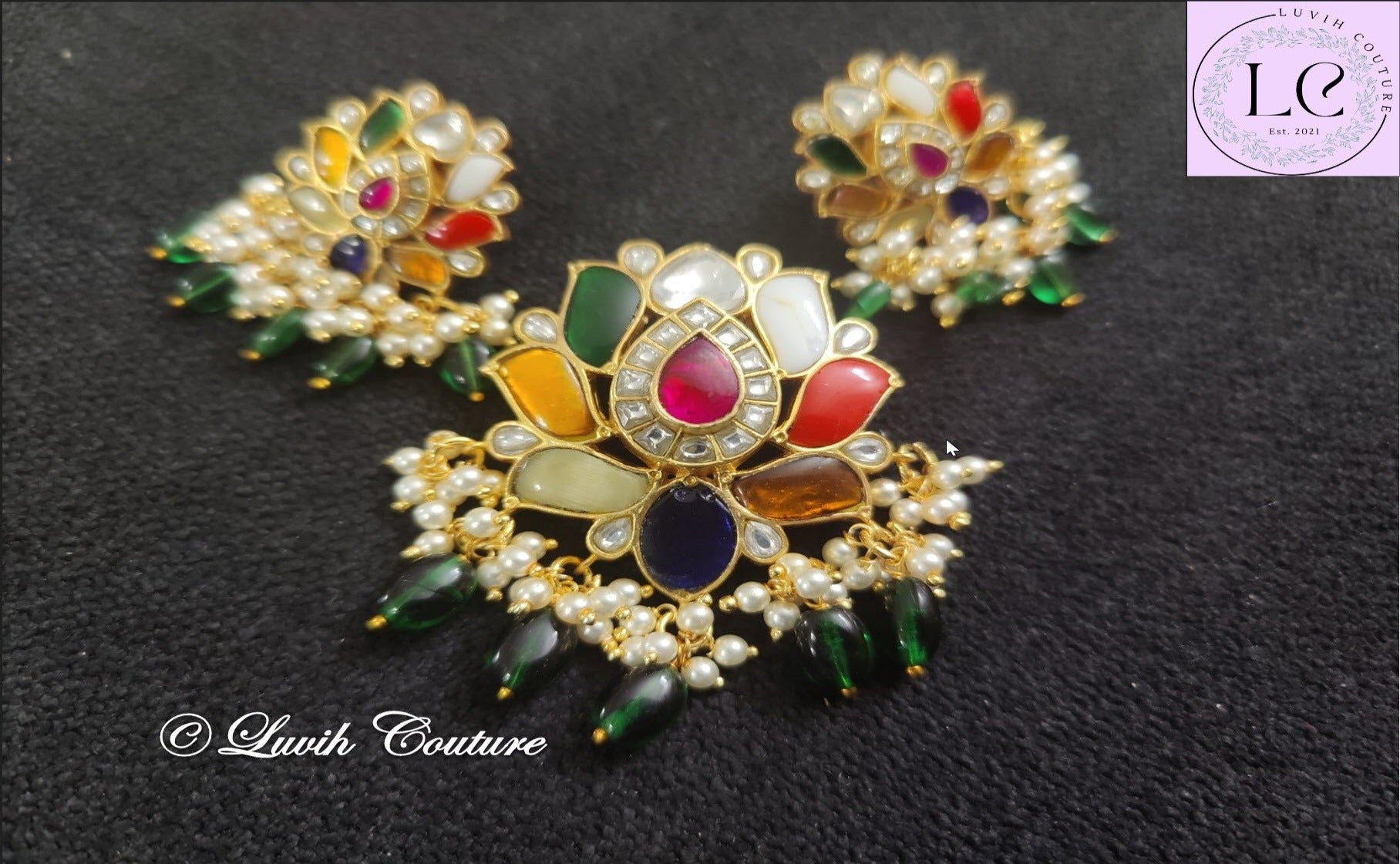 Jadau Kundan Navaratan Lotus Pendant set, Luvih Couture
