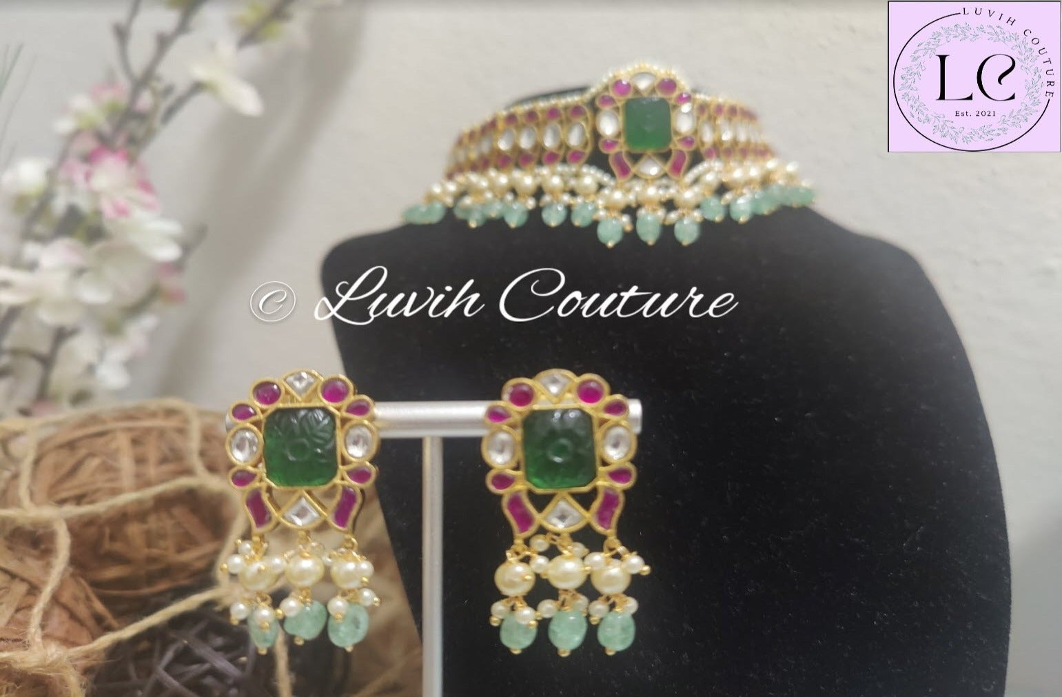Carved Stone Jadau Kundan Necklace Set Luvih Couture
