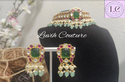 Carved Stone Jadau Kundan Necklace Set Luvih Couture