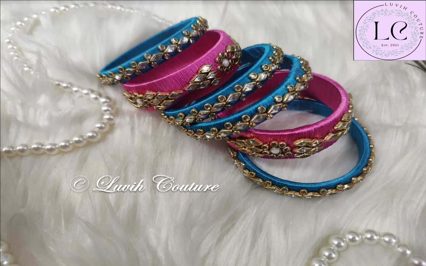 Silk thread bangles sky blue and pick color combination side picture, Luvih Couture