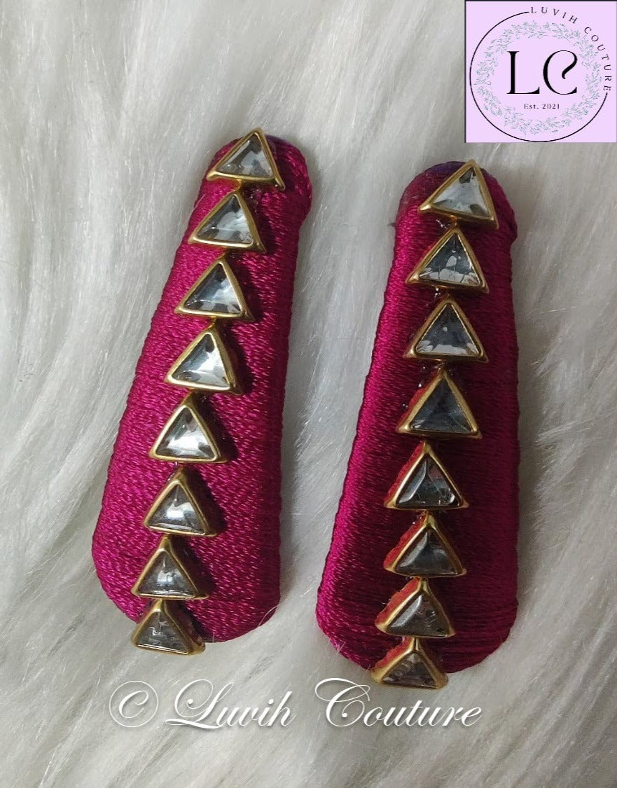Magenta Silk Thread Hair Clips Triangle Design for  kids, Luvih Couture