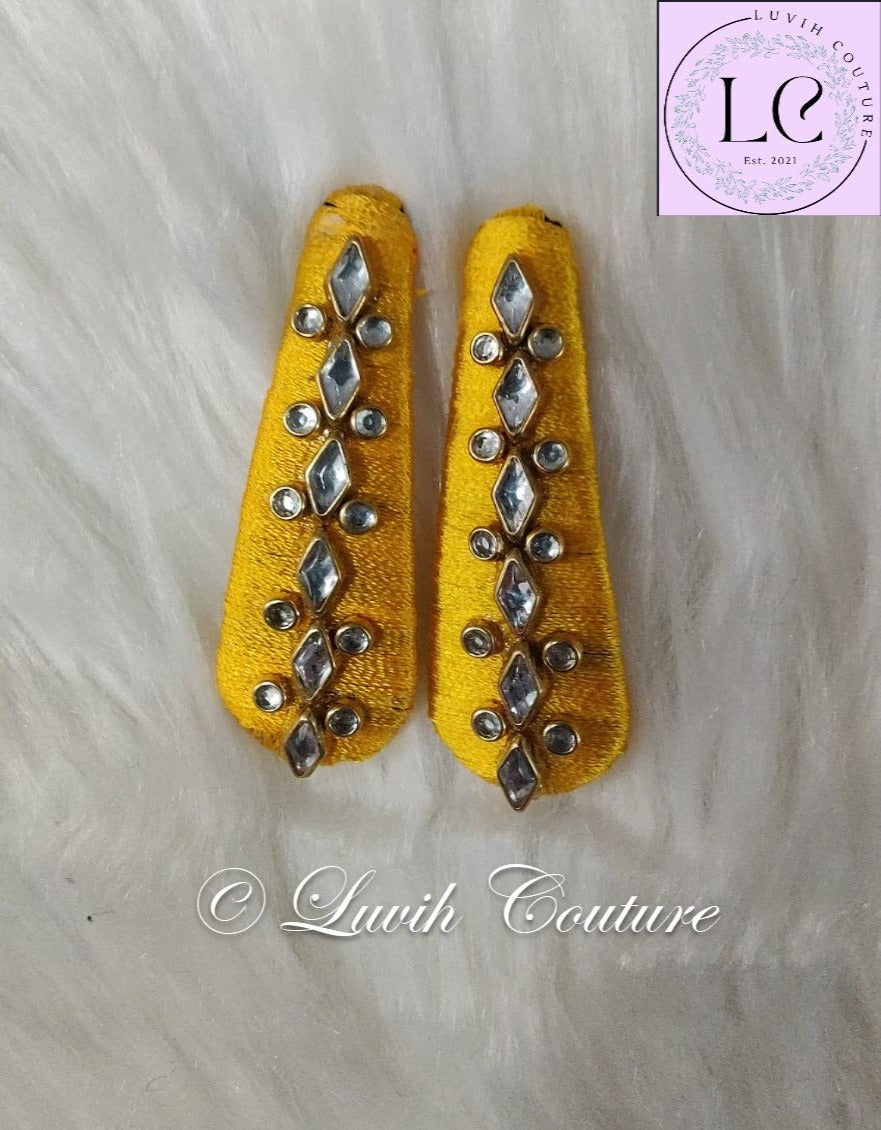 Mango Yellow Silk thread Hair Clips Rhombus and dot shape for kids, toddlers, girls, Luvih Couture