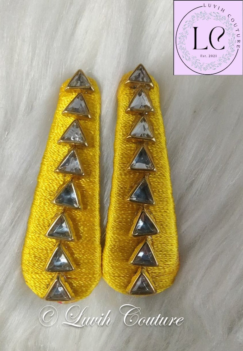 Mango Yellow Silk Thread Hair Clips Triangle Design for  kids, Luvih Couture