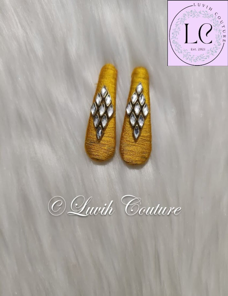 Mango Yellow Rhombus Silk Thread Hair Clips  for kids, Girls, Teens, Women, Luvih Couture