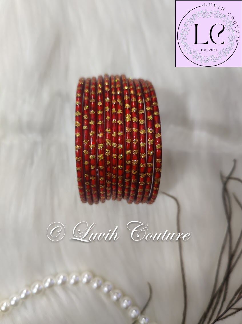 Maroon Oval Dot & Sparkle Glass Bangles for Girls , Teens, Women