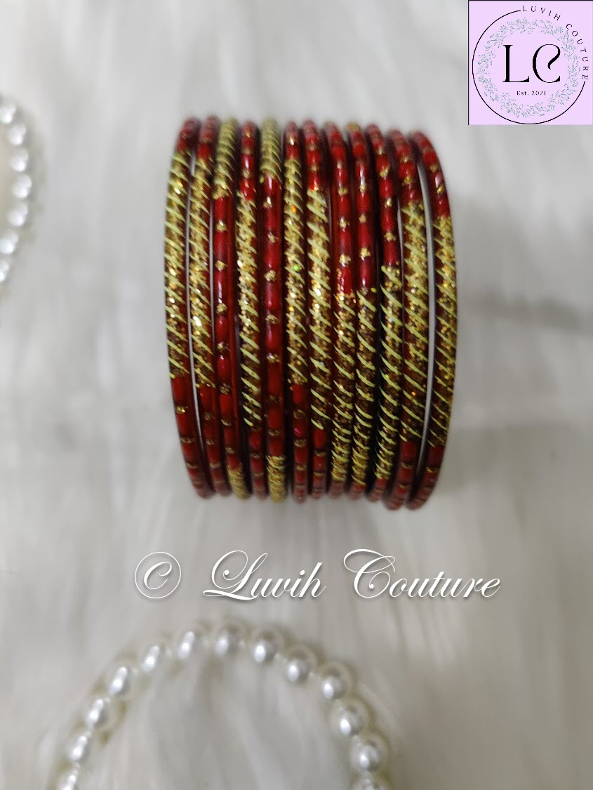 Maroon Oval Dot And Criss Cross sparkle Glass Bangles for Girls, Teens, Women