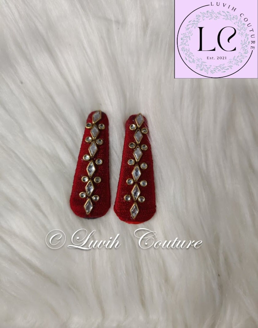 Maroon Silk thread Hair Clips Rhombus and dot shape for kids, toddlers, girls, Luvih Couture