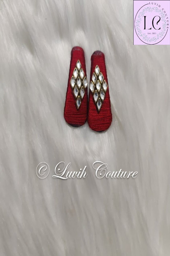 Maroon Rhombus Silk Thread Hair Clips  for kids, Girls, Teens, Women, Luvih Couture