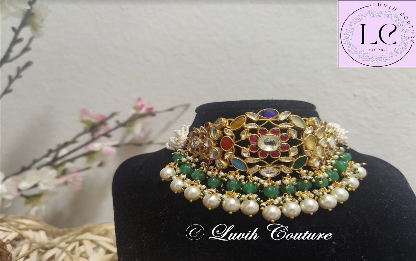 Pachi kundan Grand navaratn choker necklace, Luvih Couture