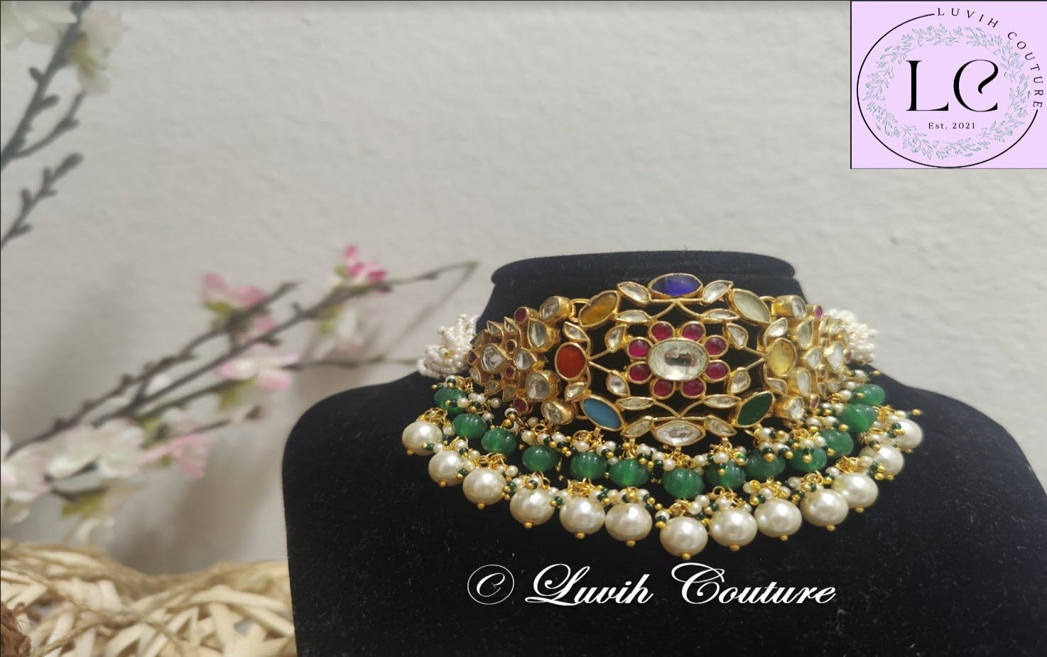 Pachi kundan Grand navaratn choker necklace, Luvih Couture