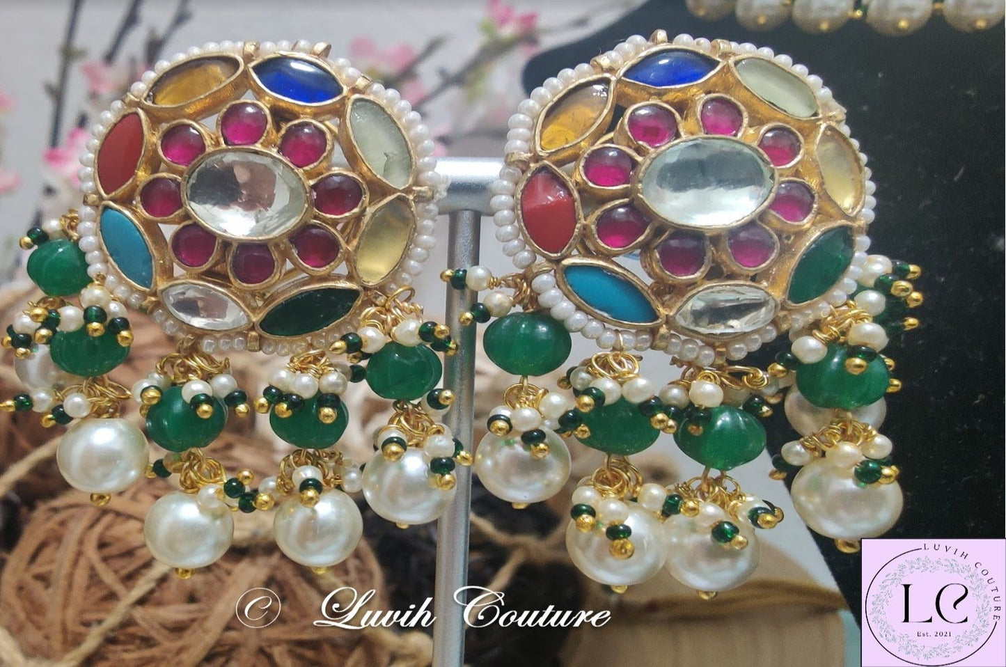 Pachi kundan navaratan earrings, Luvih Couture