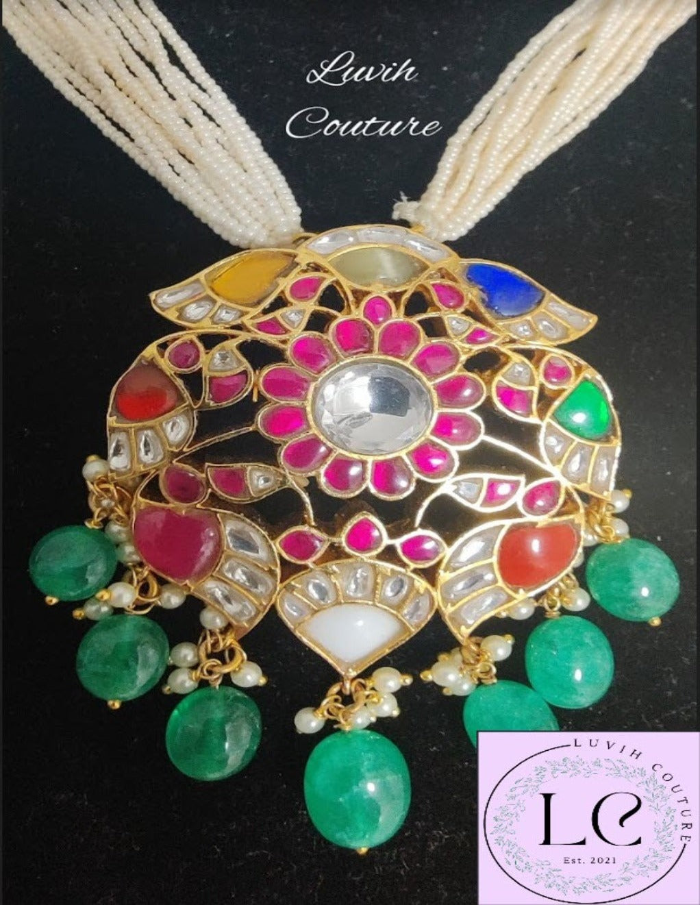 Navaratan Locket with sugar beads mala or necklace, Luvih Couture