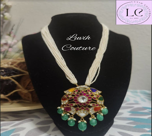 Jadau kundan Navaratan Locket with sugar beads mala or necklace, Luvih Couture