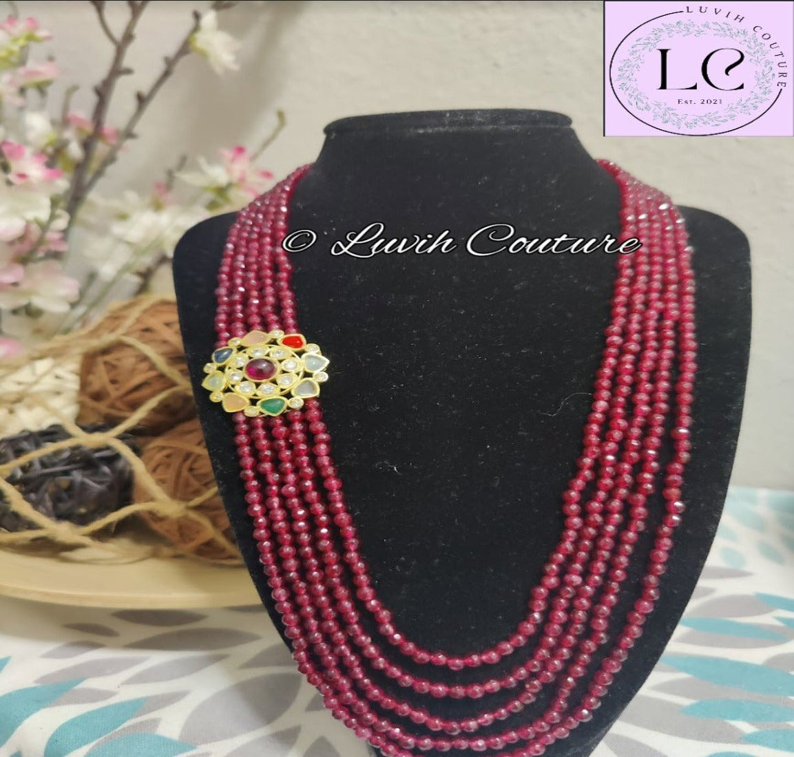 Navaratan Beads Necklace, Red Color, Imitation Necklace, Imitation Jewelry, Women's Necklace, Luvih Couture