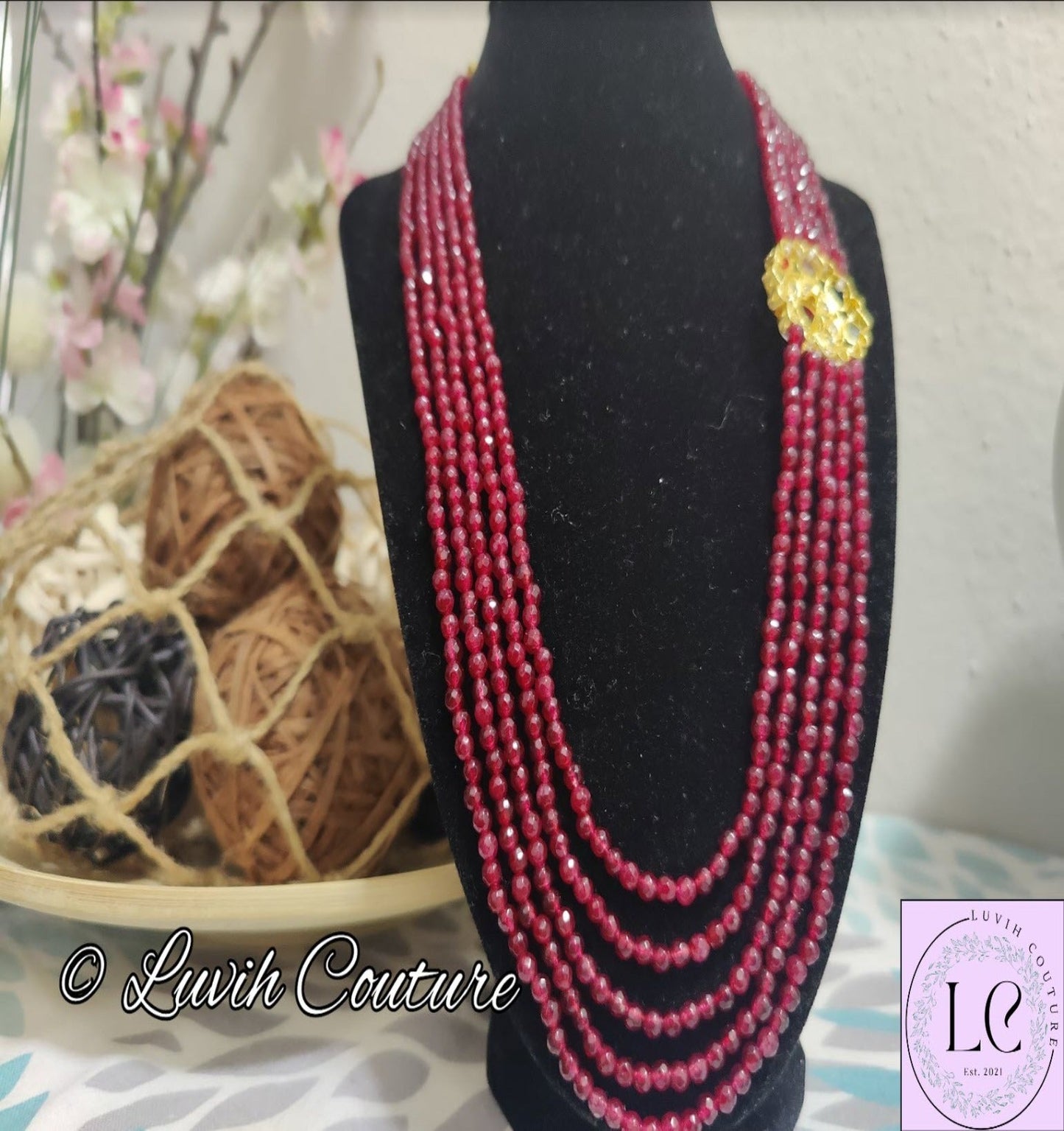 Navaratan Necklace Back Side, Beads Mala , Red Color, Imitation Jewelry, Imitation Necklace, Luvih Couture