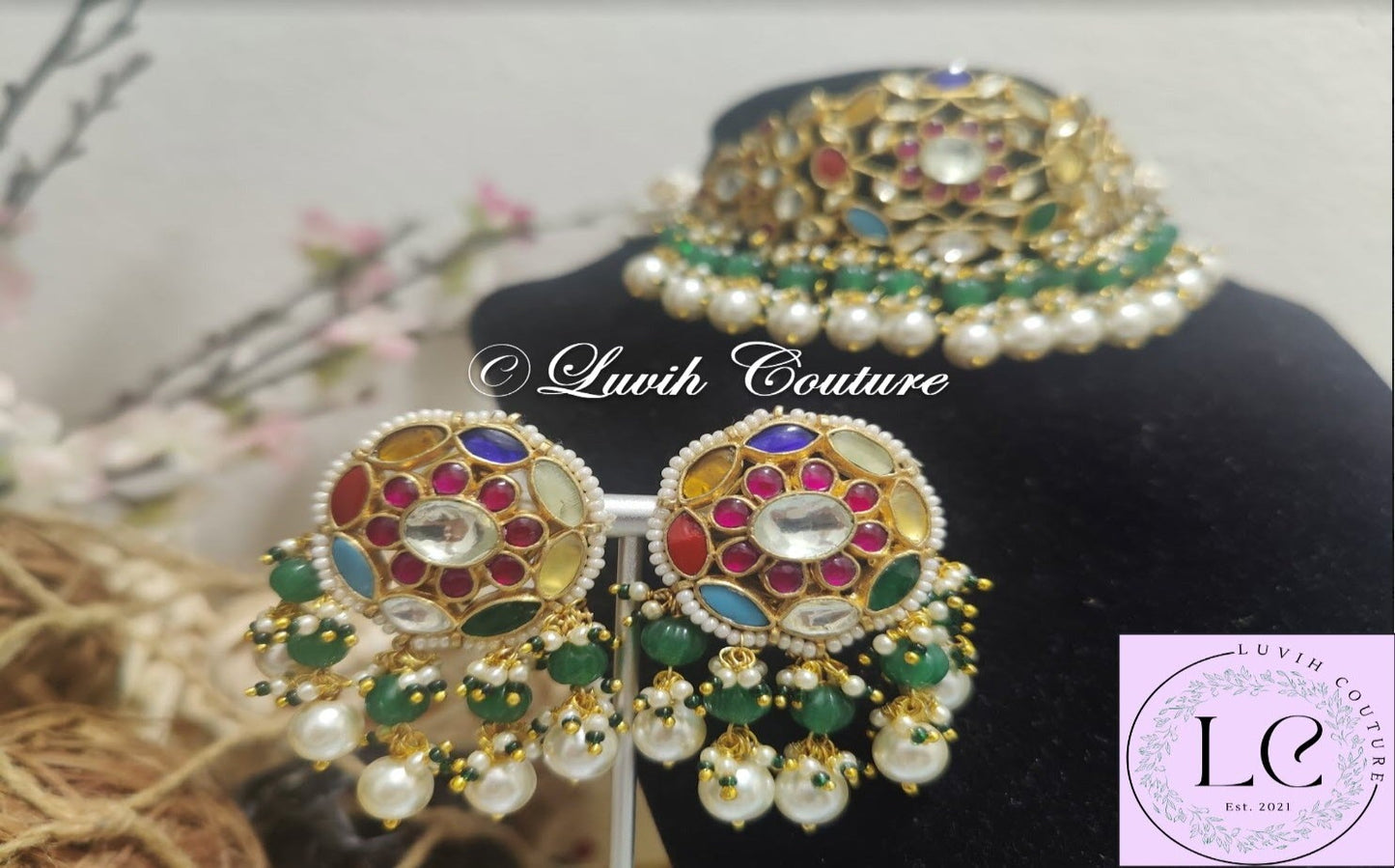 Pachi kundan Grand navaratan choker / necklace set with earrings, Luvih Couture