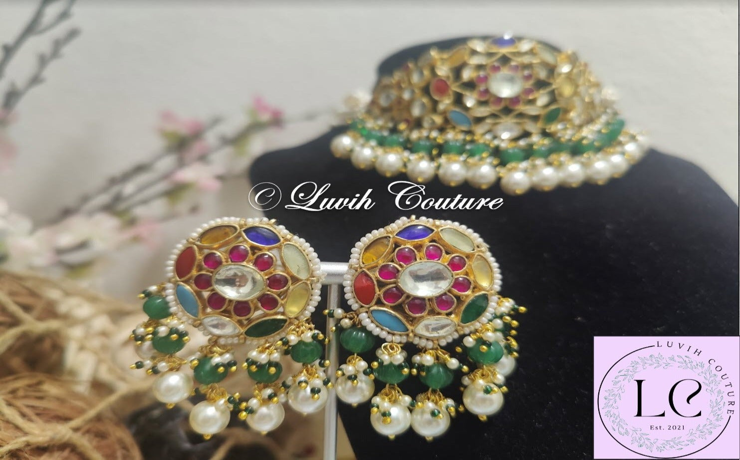 Pachi kundan Grand navaratan choker / necklace set with earrings, Luvih Couture
