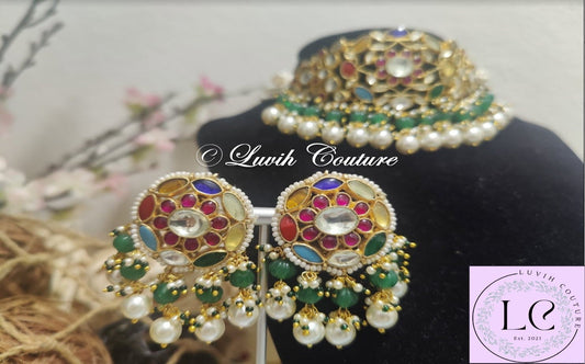 Pachi kundan Grand navaratan choker / necklace set with earrings, Luvih Couture
