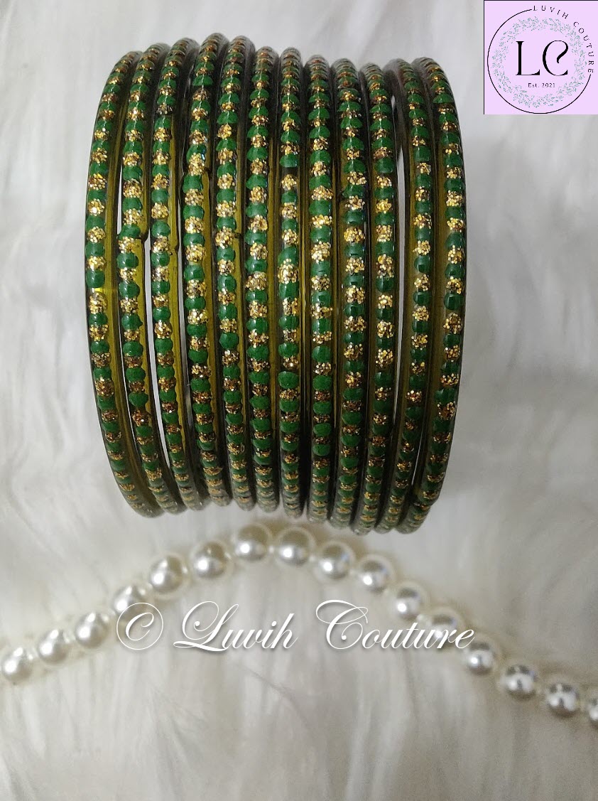 Olive Green Glass Bangles Restocked Rund Dots & Sparkles for girls, Teens and Women