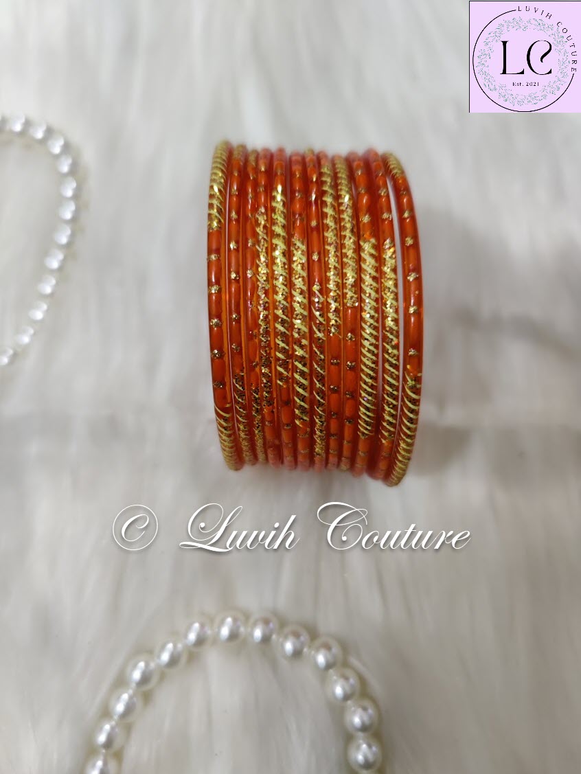 Orange Oval Dot And Criss Cross sparkle Glass Bangles for Girls, Teens, Women