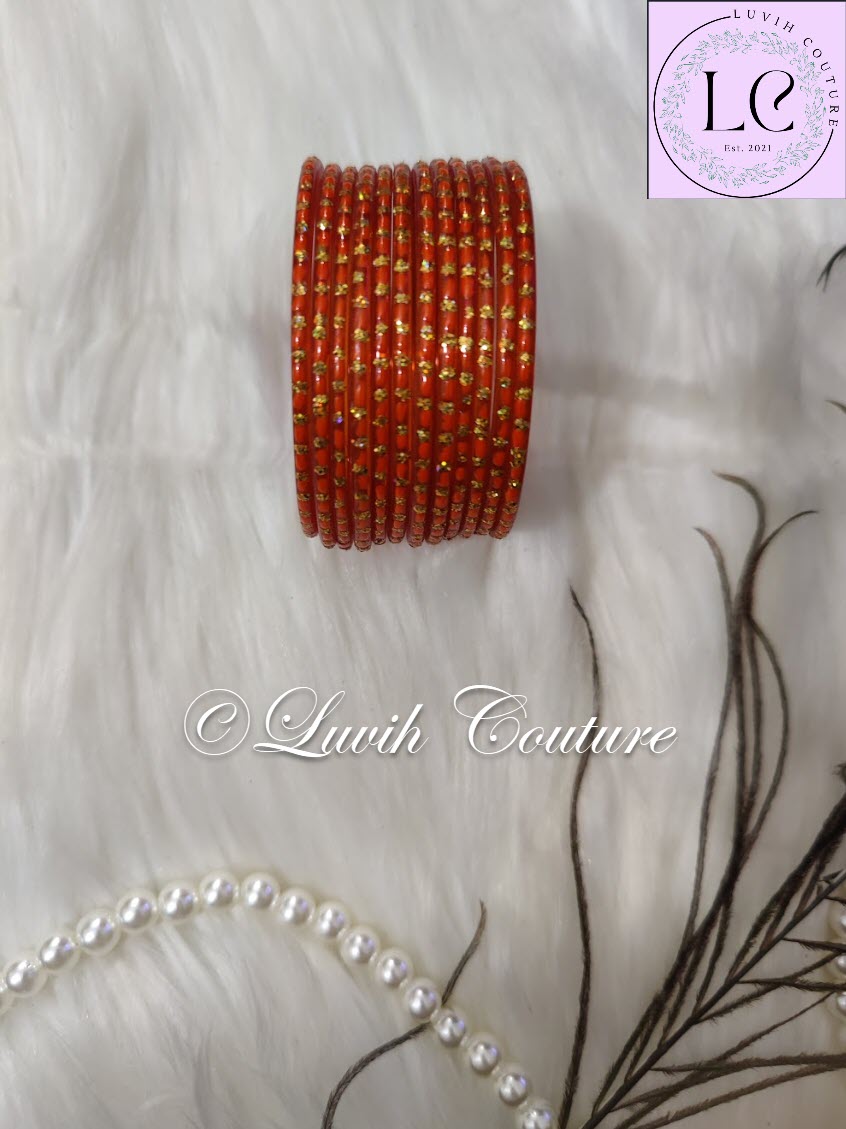 Orange Oval Dot & Sparkle Glass Bangles for Girls , Teens, Women
