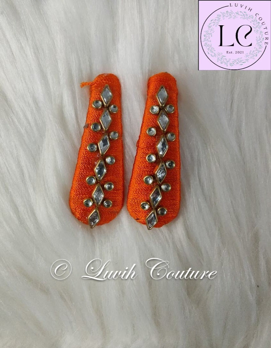 Orange Silk thread Hair Clips Rhombus and dot shape for kids, toddlers, girls, Luvih Couture