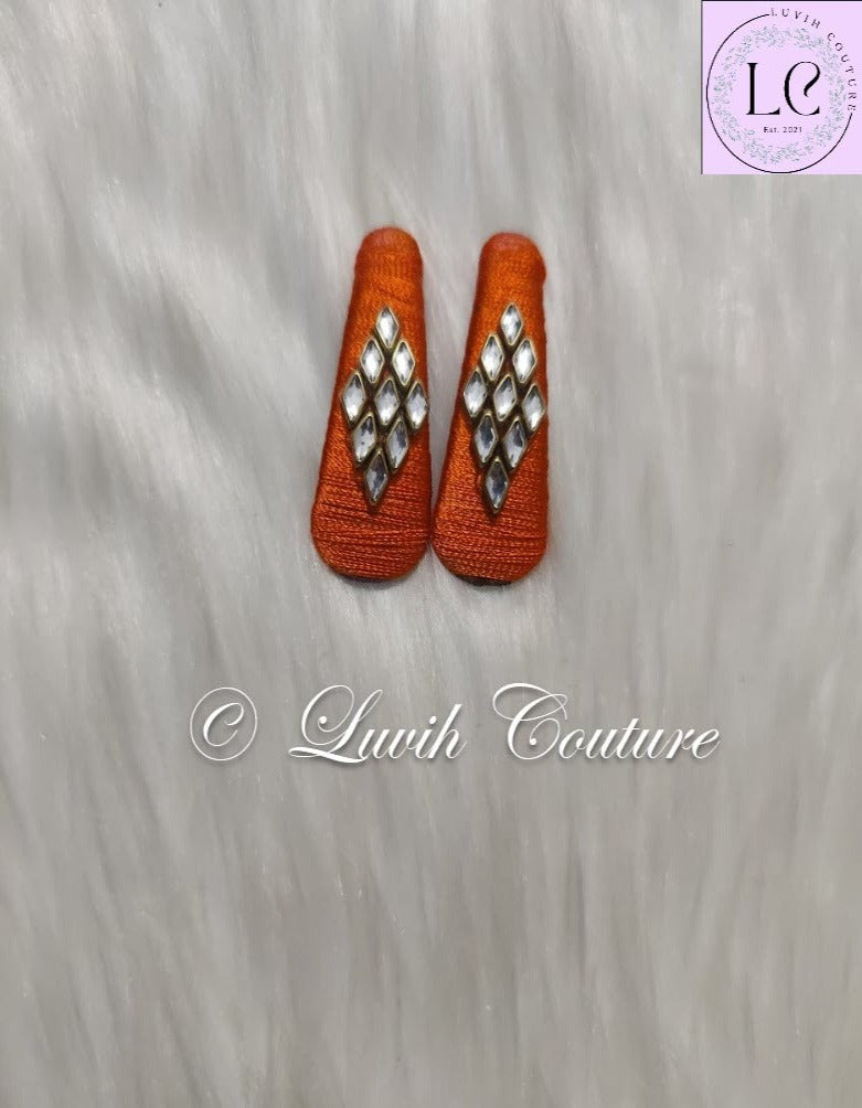 Orange Rhombus Silk Thread Hair Clips  for kids, Girls, Teens, Women, Luvih Couture