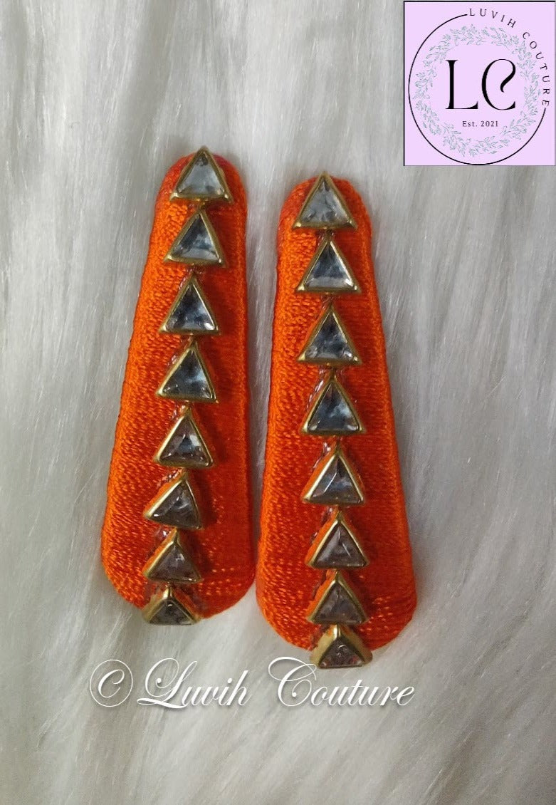 Orange Silk Thread Hair Clips Triangle Design for  kids, Luvih Couture