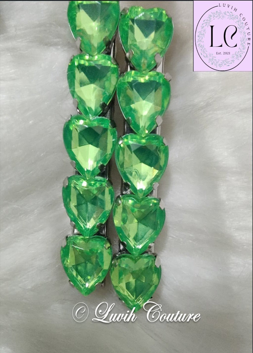 Parrot Green Heart hair clips, Luvih Couture