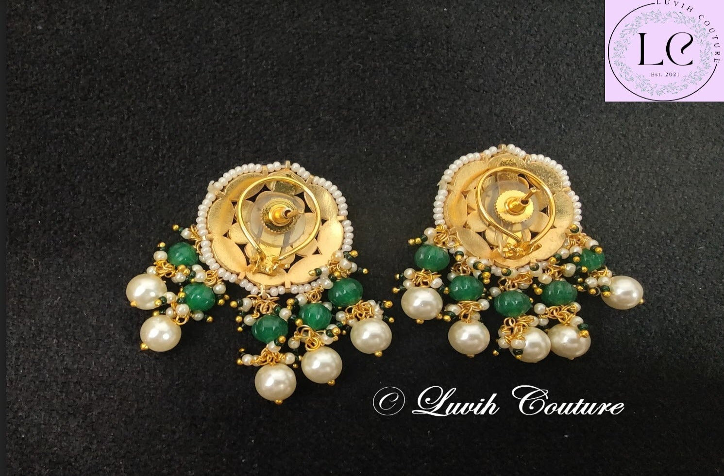 Pachi kundan Navaratan earrings back side, Luvih Couture