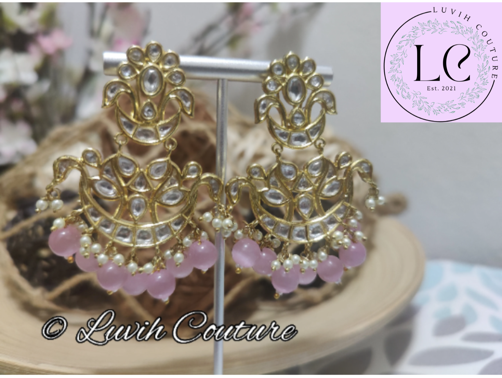 Pachi kundan earrings pink, Luvih Couture