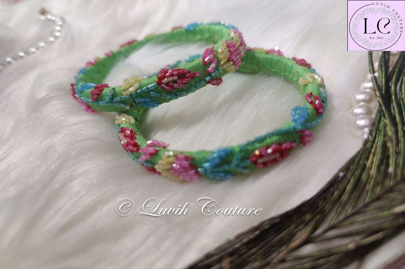 Parrot Green Floral Maggam Bangles/ Raw silk Bangles for women 2.6-Luvih Couture