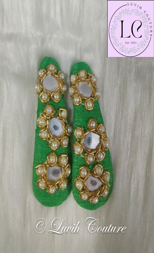 Parrot Green Maggam Hair Clips or Raw Silk Hair Clips for Babies, Toddlers, girls, teens, women, Luvih Couture