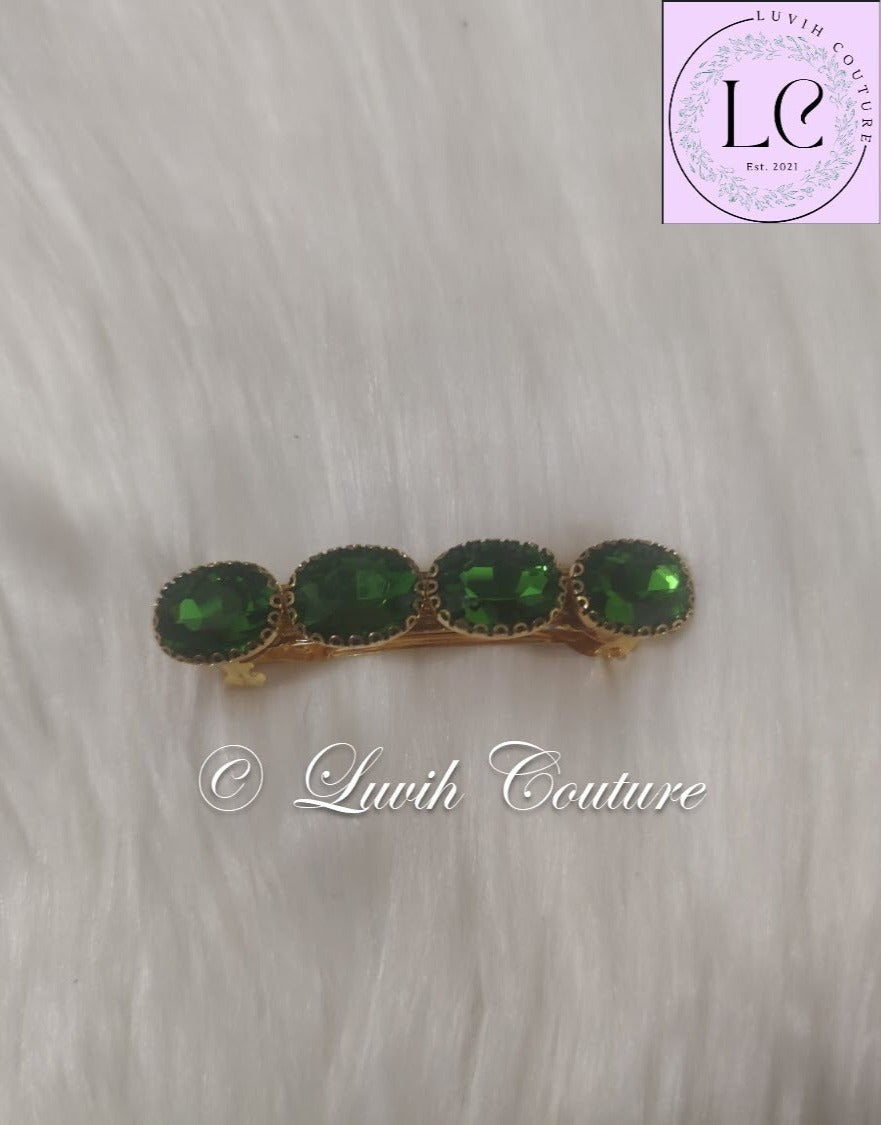 Parrot Green Oval Crystal Hair Clips For Women, Luvih Couture