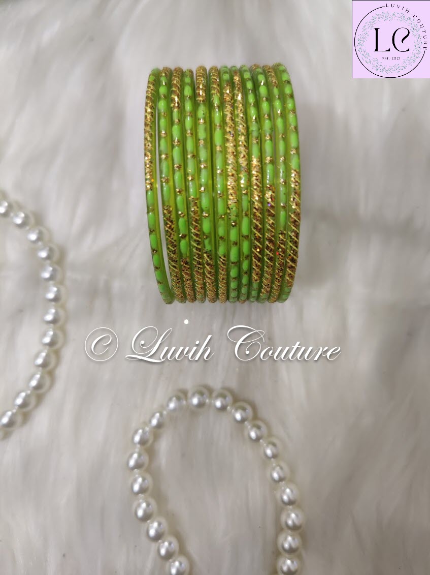 Parrot Green Oval Dot And Criss Cross sparkle Glass Bangles for Girls, Teens, Women