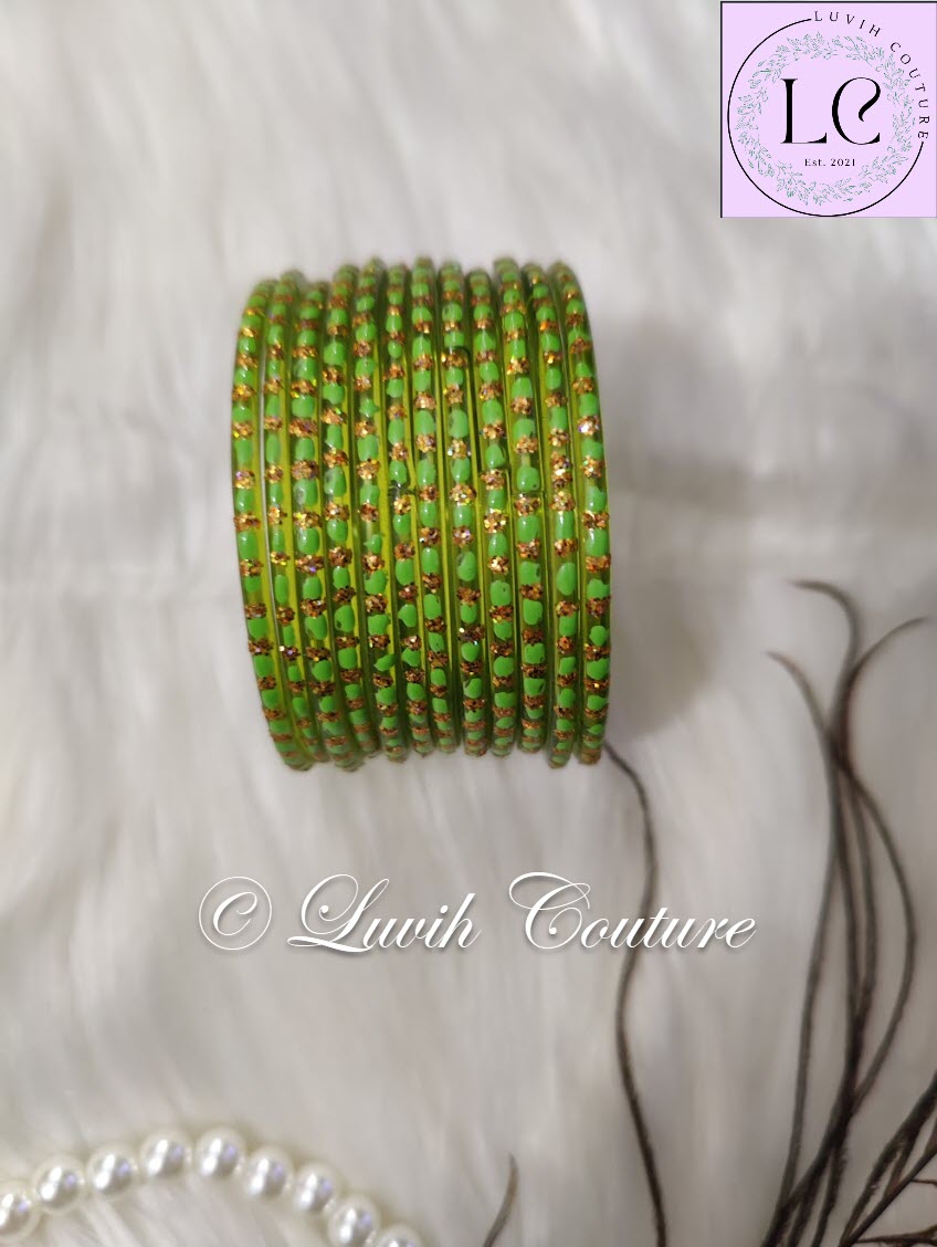 Parrot Green  Oval Dot & Sparkle Glass Bangles for Girls , Teens, Women