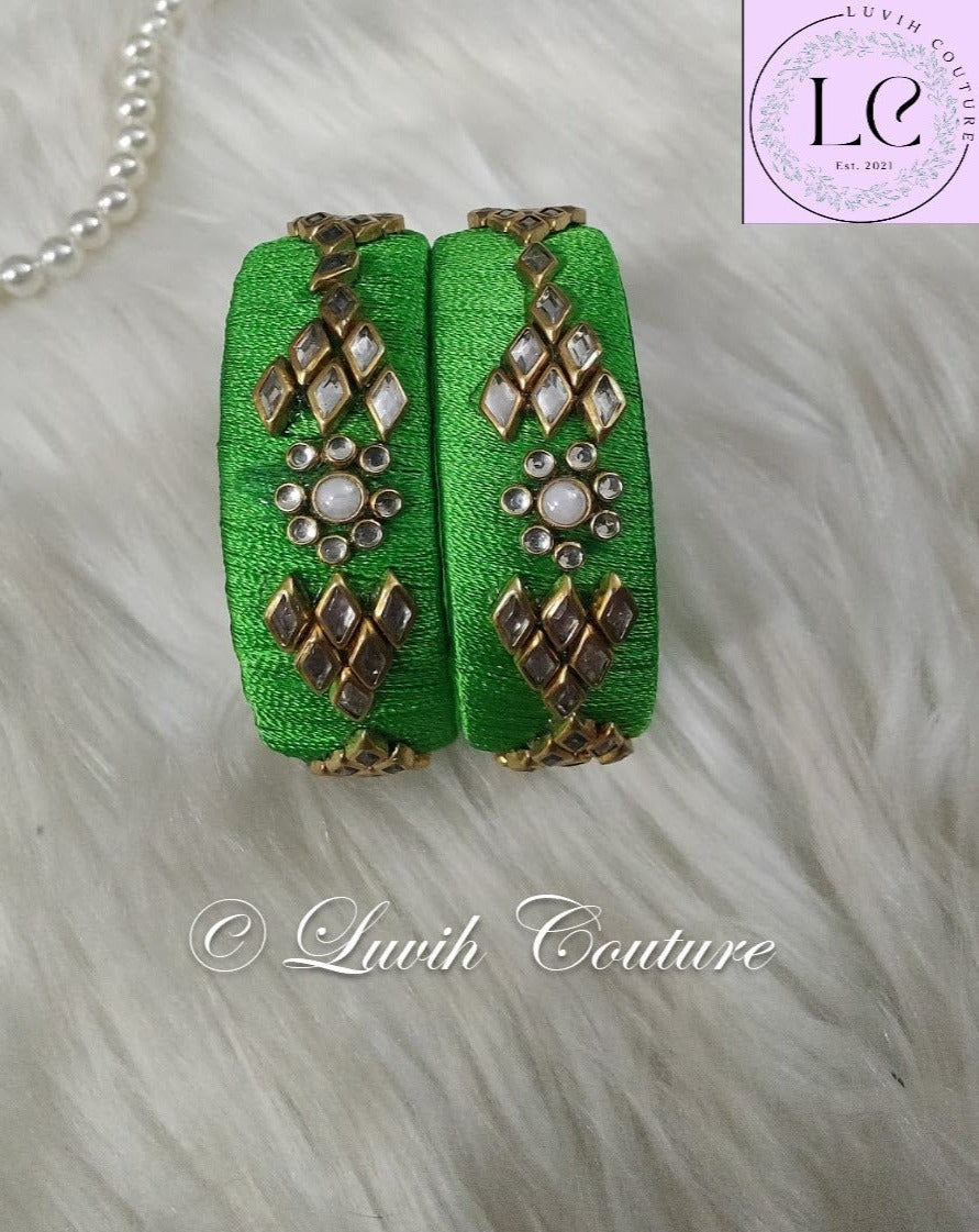 Handmade Silk thread Bangles with Flower and Rhombus Design