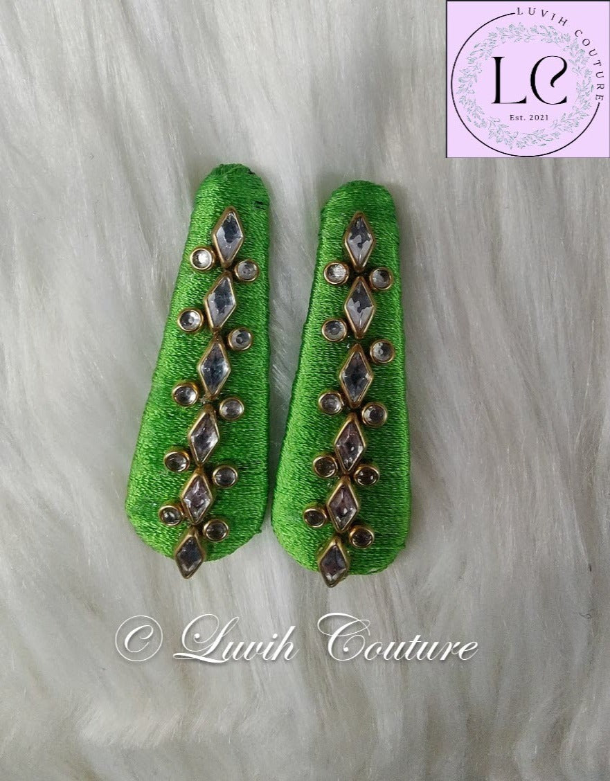 Parrot Green Silk thread Hair Clips Rhombus and dot shape for kids, toddlers, girls, Luvih Couture