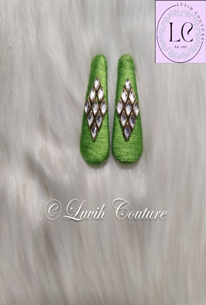Parrot Green Rhombus Silk Thread Hair Clips  for kids, Girls, Teens, Women, Luvih Couture