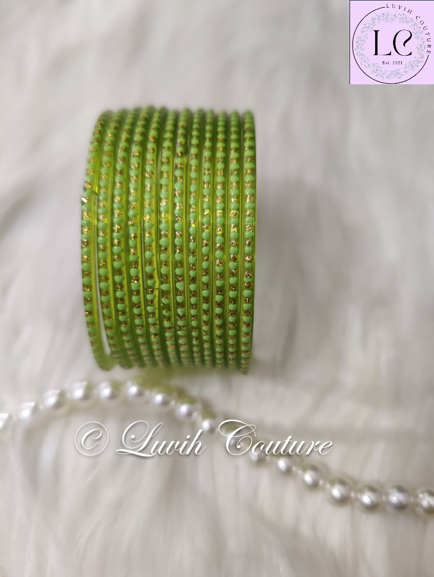 Parrot Green Glass Bangles Restocked Rund Dots & Sparkles for girls, Teens and Women