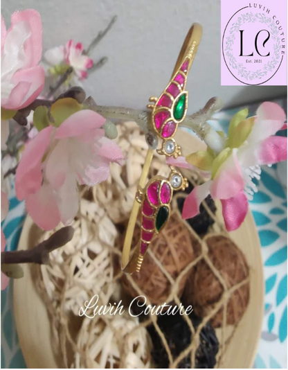 Pink , Green and White Jadau Kundan Parrot Bracelet, Luvih Couture