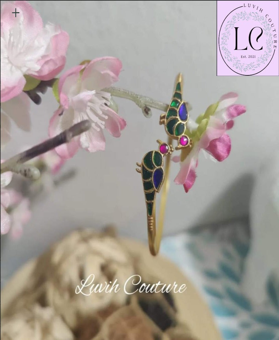 Blue, Green Jadau Kundan Parrot Bracelet, Luvih Couture