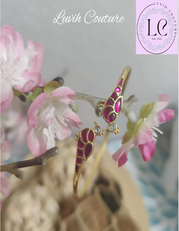 White and pink Jadau Kundan Parrot Bracelet, Luvih Couture
