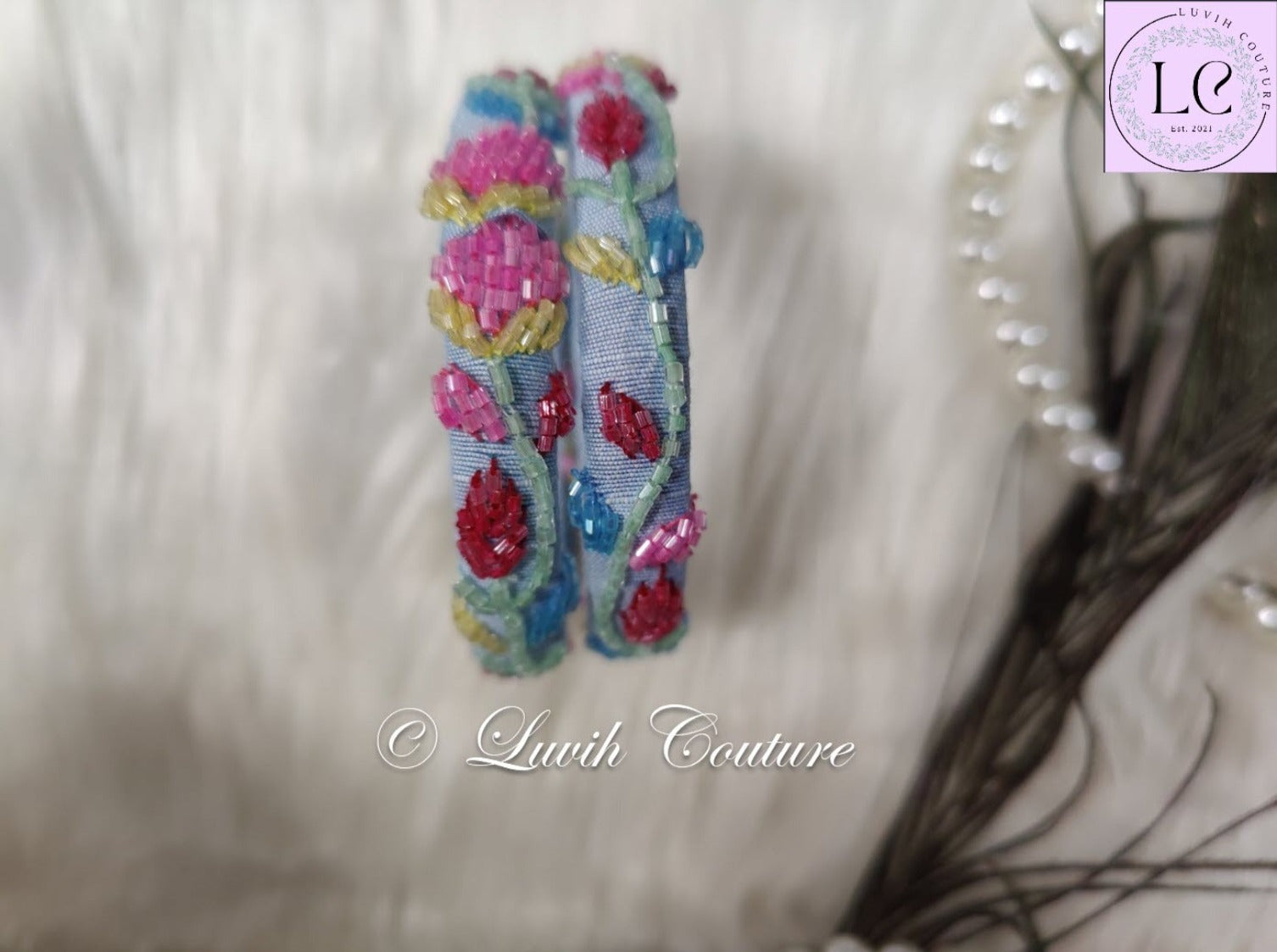 Pastel Blue Floral Maggam Bangles/ Raw silk Bangles for women 2.6-Luvih Couture