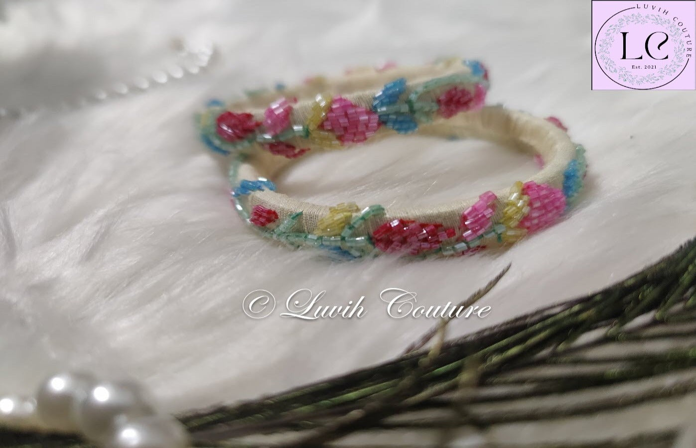 Pastel Yellow Floral Maggam Bangles/ Raw silk Bangles for women 2.6-Luvih Couture
