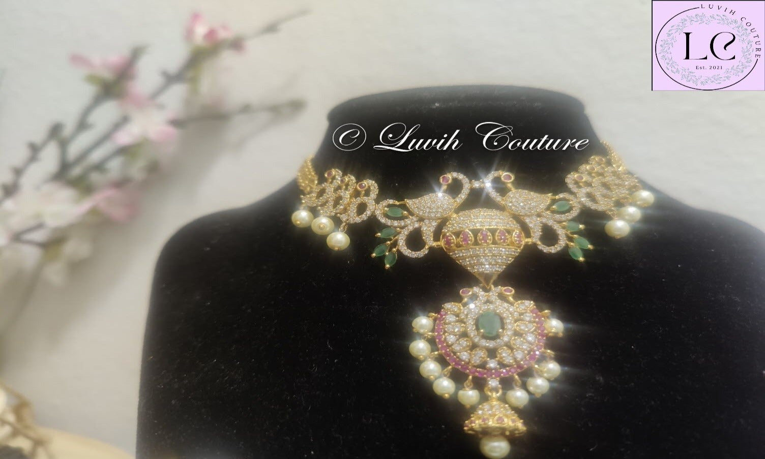 Dual Peacock CZ Necklace  or CZ choker Close up or kids, Girls , Teens or women Luvih Couture