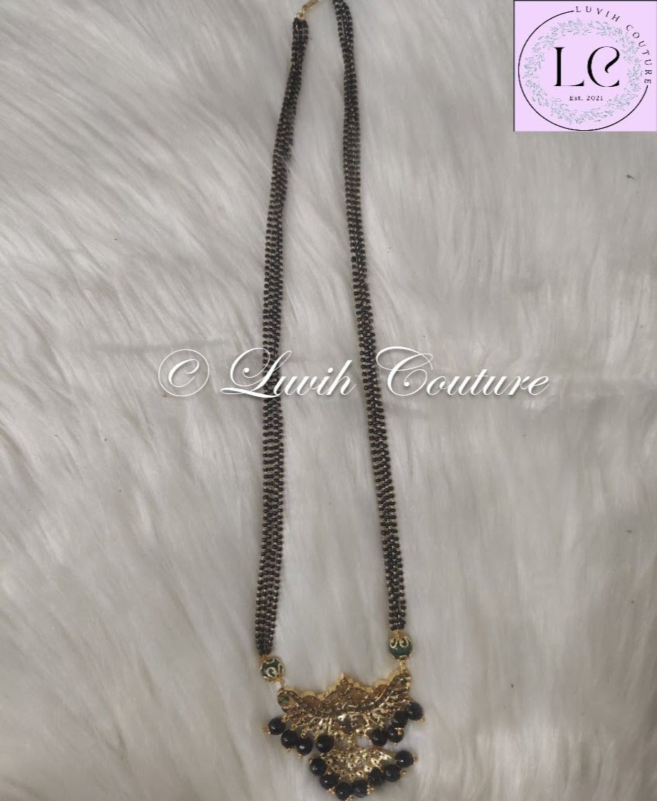 Dual Peacock Mangalsutra or Black Beads Imitation Necklace Back side for Women , Luvih Couture