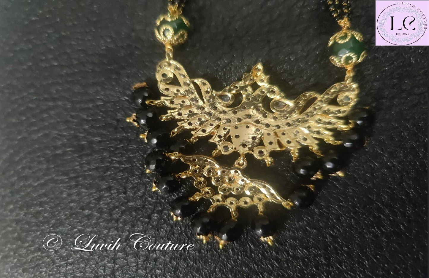 Dual Peacock Pendant Mangalsutra or Black Beads Imitation Necklace Back side for Women, Luvih Couture